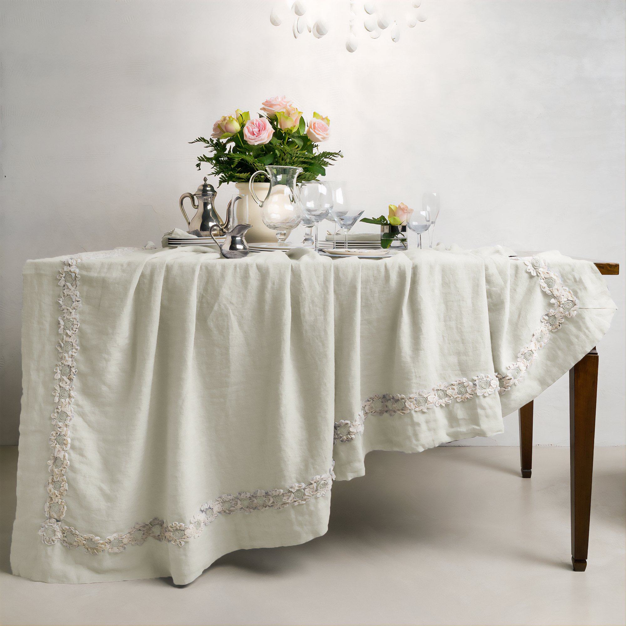 Tovaglia in puro Lino Stonewashed con inserto floreale - Peonie - Image 2