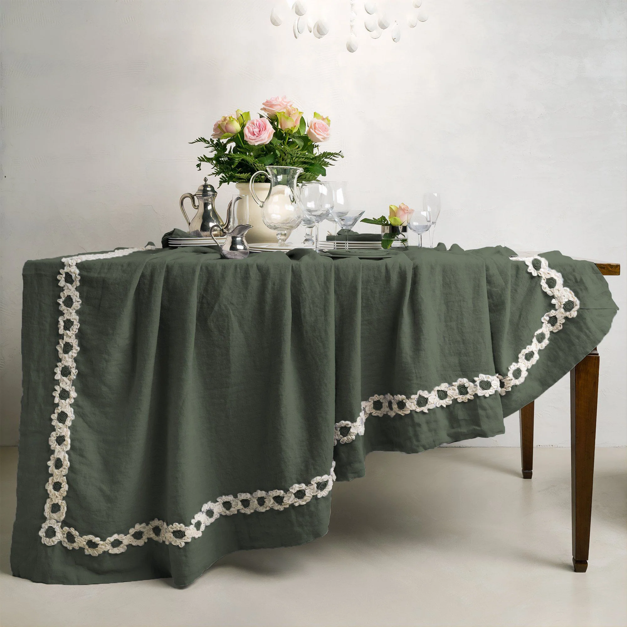Tovaglia in puro Lino Stonewashed con inserto floreale - Peonie - Image 5